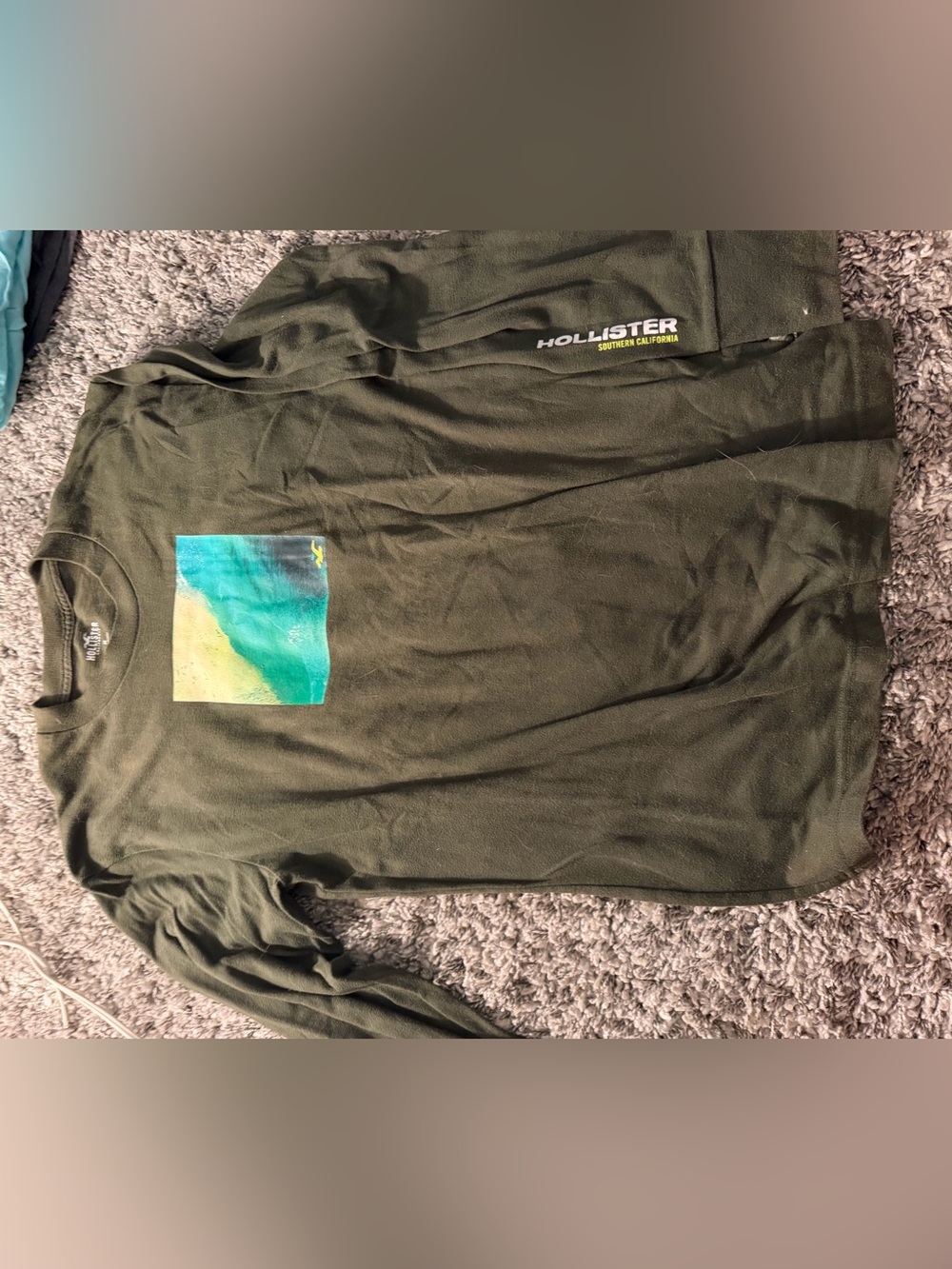 Hollister Olive Green Long Sleeve Tee with Beach Graphic
